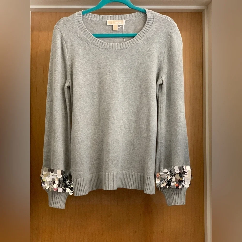 Michael Kors Elegant Gray Sweater with Embellished Wrists.  Size-Large
